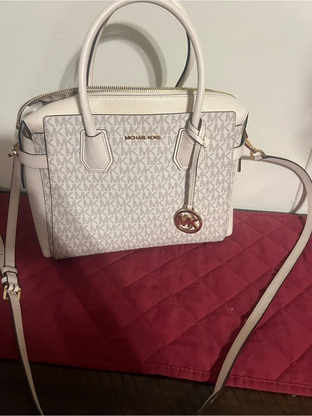 Michael Kors Cream/White Signature Logo Satchel with Gold Tone Accent